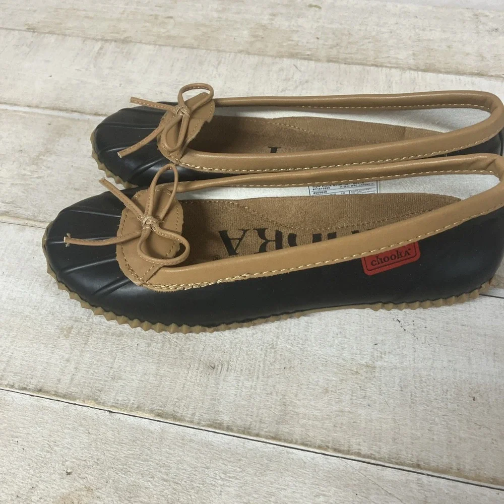 Chooka Duck Skimmer Women's Flat Slip On Rain Shoes Black/Brown, Size 7
